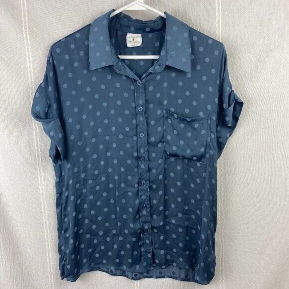 By Together Silky Polka Dot Blouse‎ Blue Short Sleeve Button Down Sz Small